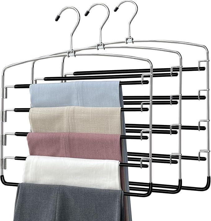Pants Hangers 3 Pieces,5 Tier Closet Organizers and Storage Clothes Hanger,Hangers Space Saving with Swing Arm,Multiple Metal Hanger Clothes Organization for Pants Trousers Jeans Leggings Slacks by FEASTEERY