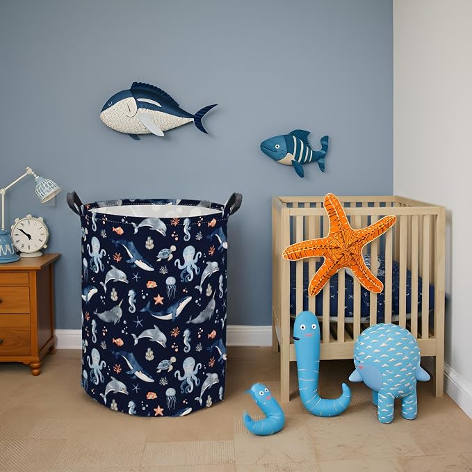 HIYAGON Ocean Baby Laundry Basket Baby Hamper for Nursery Girl Kids Soccer Hamper Cute Kids Toys Storage Bin Organizer Ocean Room Decor for Home(Blue Ocean) - Image 5