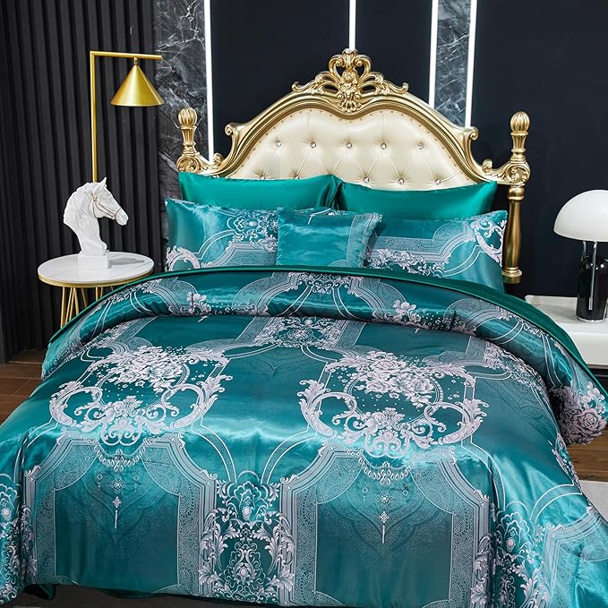 Bedding_Dreamer Jacquard King Comforter Set Green Sheet Set Satin Bedding Set 8 Pcs Vintage Neoclassical Floral Bed Home Decor Soft Comforter Luxury Hotel Silky Bed in a Bag with 1 Cushion Cover