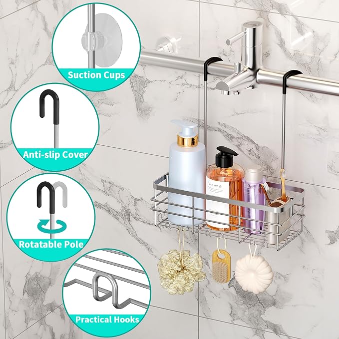 HapiRm Hanging Shower Caddy Organizer - No Drilling Shower Organizer with Hooks, Rustproof & Waterproof 304 Stainless Steel Bathroom Shelves - Silver (1 Basket) - Image 2
