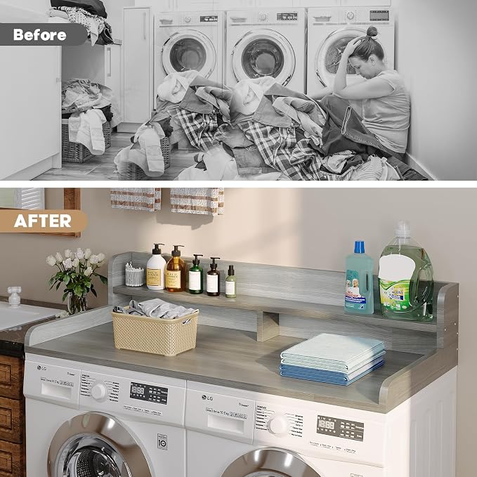 2-Tier Washer Dryer Countertop with 2.75" H Edge Rails, 58" W x 28" D Laundry Countertop for Folding Clothes, Washer and Dryer Topper with Non-Slip Pad (Stripe Gray) - Image 5