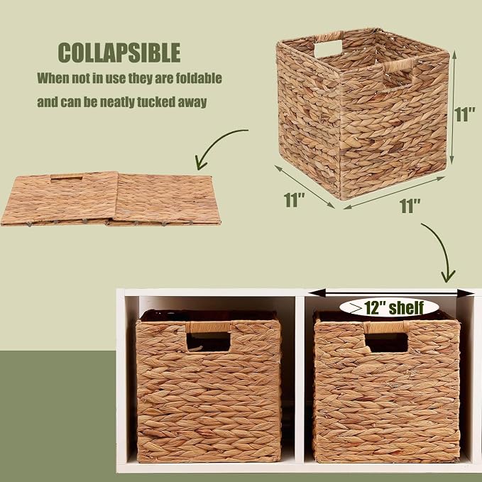 11x11in Storage Baskets 4 Pcs Square Baskets for Cube Shelf,Foldable Handwoven Water Hyacinth Storage Bins for Laundry Organizer - Image 2