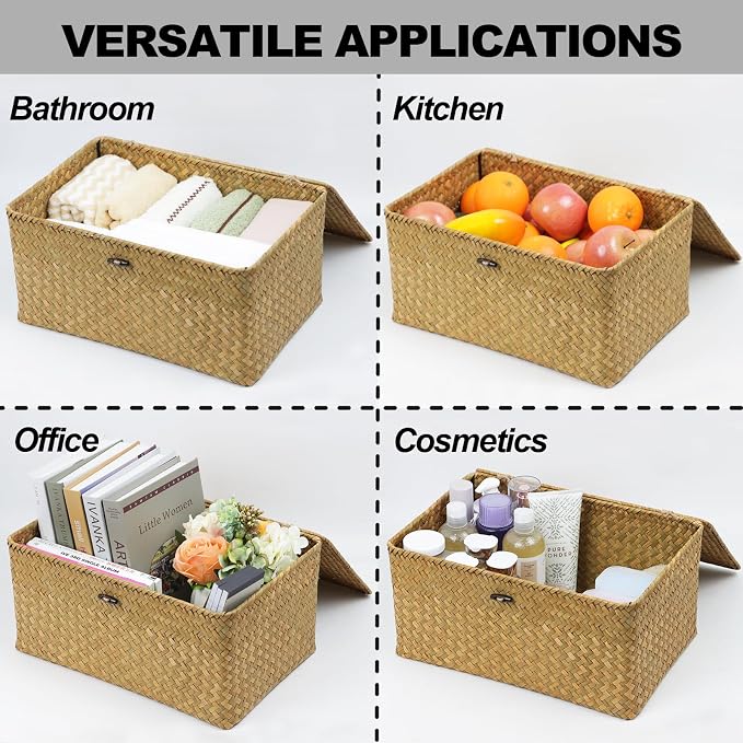 Wicker Basket with Lid, Natural Seagrass Storage Baskets for Organizing, Woven Basket for Storage, Decorative Boxes Bins with Lids Home Organizer Decor (Natural, 14.3" x 9.4" x 6.9") - Image 5