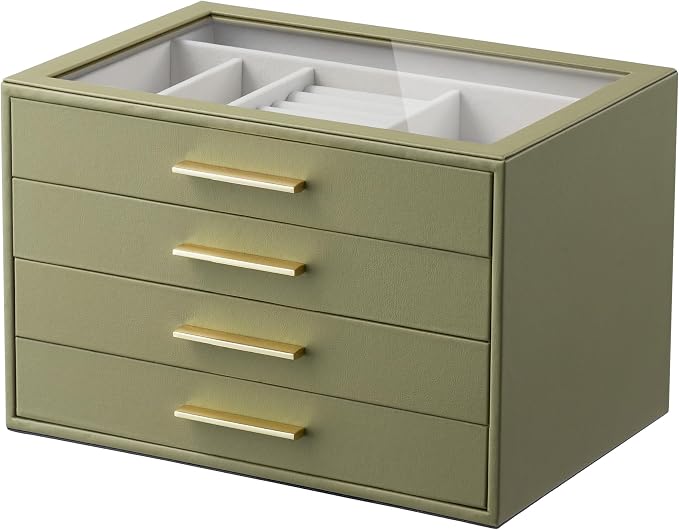 Jewelry Box Organizer Case for Women: 4-Layer Jewelry Storage Case with Glass Window, Olive Green Leather with Cream Velvet, Holder for Ring Necklace Bracelet Brooch Watch, Great Gift for Her by pickpiff