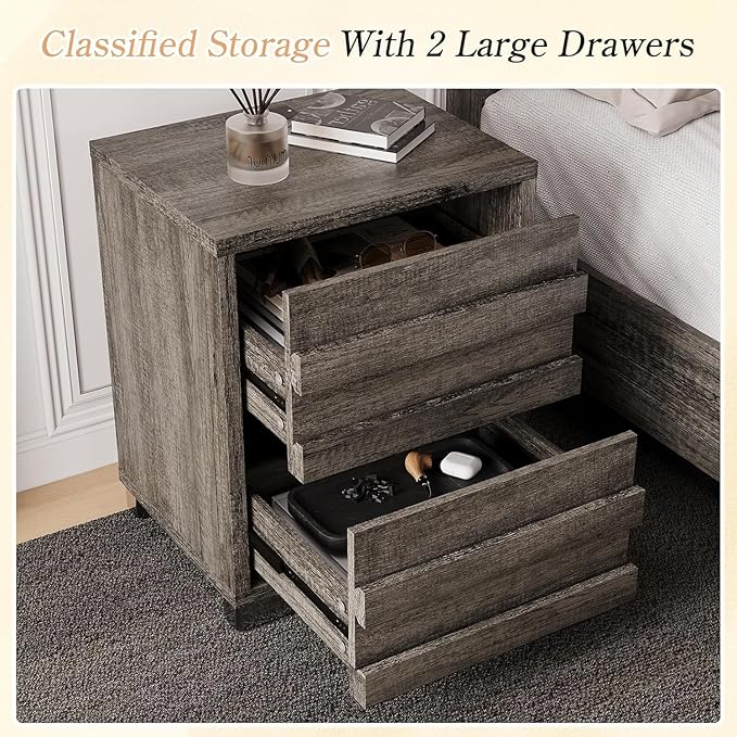 LUXOAK 3 Pcs Bedroom Furniture Sets,Includes Farmhouse Full Size Bed Frame with 49" Tall Headboard and Nightstand Sets of 2 with Charging Station, Slated Handles & Stainless Steel Feet, Rustic Grey