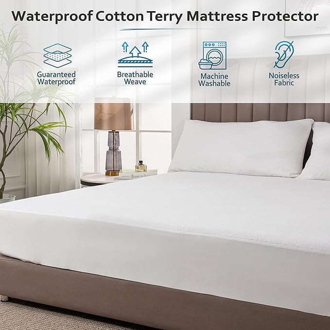 PlushDeluxe Twin Cotton Mattress Protector – Waterproof Cover with Fitted Sheet Design – Soft and Durable Mattress Pad for Noiseless Sleep – Easy to Install and Clean