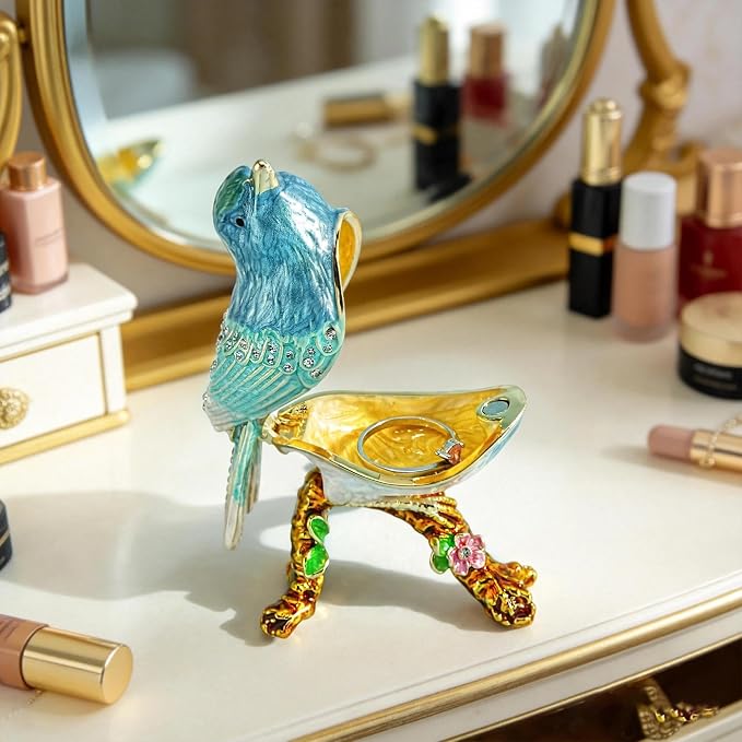 YU FENG Enamel Bird Trinket Box Jewelry Organizer, Hand Painted Decorative Hinged Keepsake Box – Blue Green Perched Bird - Image 6