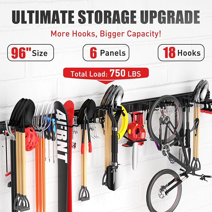 Garage Tool Organizer Wall Mount 96 inches with 18 Adjustable Heavy-Duty Hooks, Garage Organization, Garden Tool Storage Rack, Yard, and Shed, Holds Up to 750 lbs - Image 2