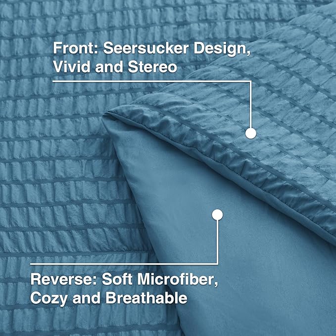 Love's cabin Seersucker Misty Blue Queen Comforter Set, 7-Piece All Season Lightweight Bed in a Bag Bedding Set with Comforter, Flat Sheet, Fitted Sheet, Pillowcases and Shams | Soft, Breathable, Lightweight
