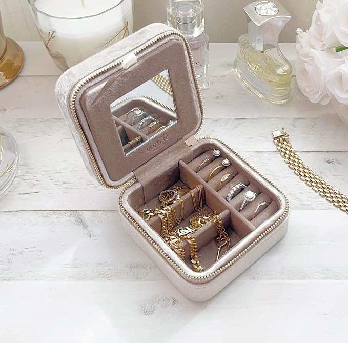 BLUTETE Travel Jewelry Box Organizer Velvet Travel Case With Mirror Ring Earrings Necklaces Storage Organizer Box (Champagne) - Image 5