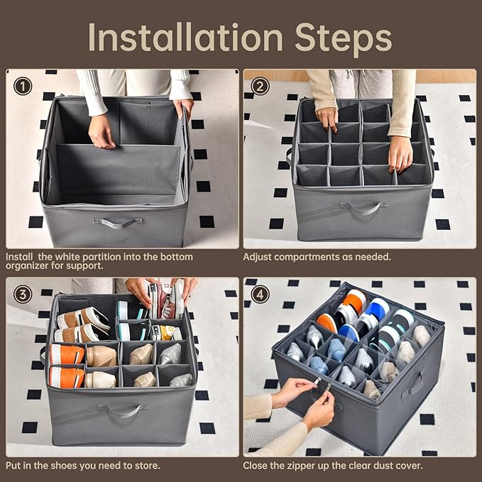 INSTY 2 Pack Shoe Organizer for Closet,Fits up to 32 Pairs,Adjustable Dividers for Shoe Storage,Fabric Shoe Storage Bins with Clear Cover,Grey - Image 6