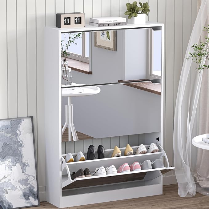 BORNOON Shoe Cabinet with 3-Flip Mirror Drawers, Freestanding Shoe Rack Organizer with Hidden Handle, Slim Narrow Shoe Storage Cabinet for Entryway, Entrance, Hallway, Bedroom by BORNOON