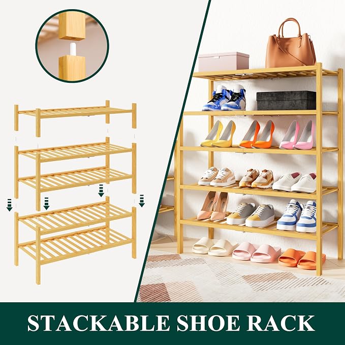 Smiry Shoe Rack, 4 Tier Thick Small Bamboo Shoe Organizer, Stackable Free Standing Wooden Shoe Storage Shelf for Closet, Entryway, Front Door Entrance, Natural - Image 3