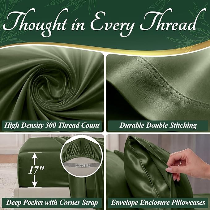 DECOLURE 100% Viscose Derived from Bamboo Sheets King Size - Luxury 6 Pc Naturally Cooling Sheets, Ultra Soft Bed Set - Deep 17" Pockets, Durable Double Stitching, Oeko Tex Standard (Olive)