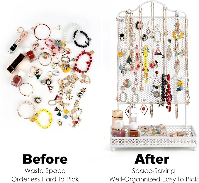 Meangood Jewelry Organizer Stand, Earring Holder Rack for Hanging Earrings Necklace Bracelets Watches Jewelry Display Large Rings Storage as Women Gift (White) - Image 3