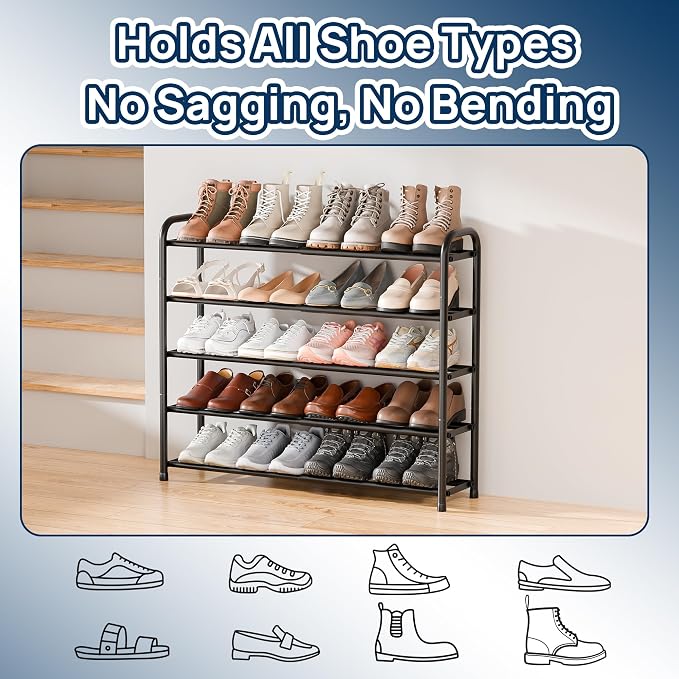 ENJOYBASICS 5 Tier Expandable Shoe Rack for Closet, Free Standing Metal Shoe Shelf Storage Organizer Holder 20 Pairs, Adjustable Width Shoe Rack for Entryway Small Space, Black - Image 5