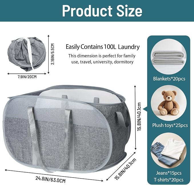 100L Collapsible Laundry Baskets, Tear Proof Pop Up Laundry Hamper with Dual Handles, Large Foldable Laundry Basket, Easy to Carry Laundry Hamper for Home, Laundry Room, Bedroom, Dorm, Travel Grey - Image 4