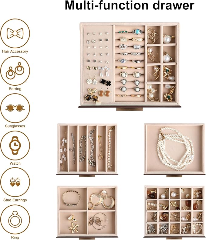 Frebeauty Clear Lid Jewelry Box,5-Layer Jewelry Organizer with Drawer,PU Leather Jewelry Organizers and Storage,Jewelry Boxes for Women,Jewelry Storage for Rings Earring Stud,Gift for Women(Brown) - Image 4