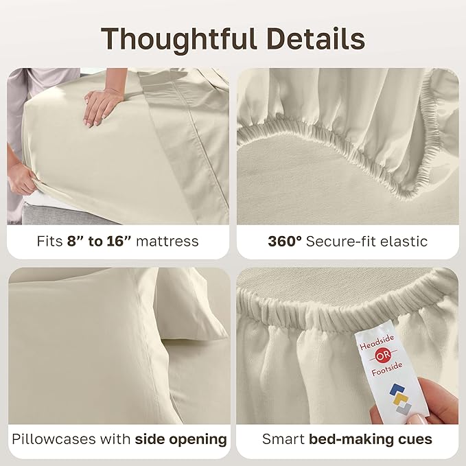 California Design Den Deep Pocket King Sheets Set - Luxury 600 Thread Count 100% Cotton Sateen, King Size Sheet Set, All Around Elastic, Snug Fit, Durable Bedding - Ivory (Warm Cream)