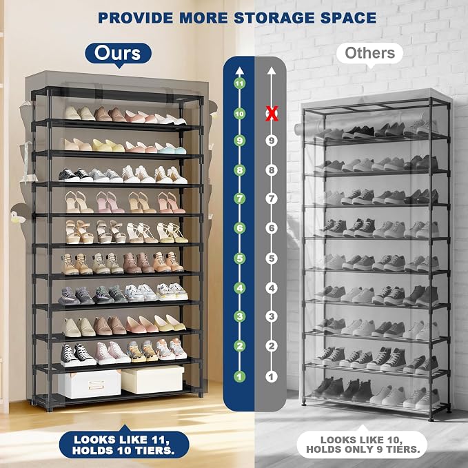 Mavivegue Shoe Rack with Cover, 10+1 Tier Tall Shoe Storage for 50-55 Pairs of Shoes, Shoe Organizer for Entryway, Closet, Garage, Grey - Image 5