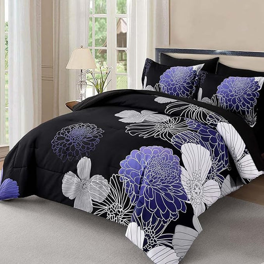 Yiran Floral Comforter Set King 7 Pieces Bed in a Bag Purple White Black Flower Comforter Soft Microfiber Bedding Sets for All Seasons 104"×90"