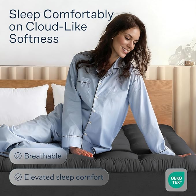 Cloud-Like King Mattress Topper - 100% Cotton Top Mattress Pad for Back Pain Relief - Breathable & Naturally Cooling for Hot Sleepers, Dark Gray