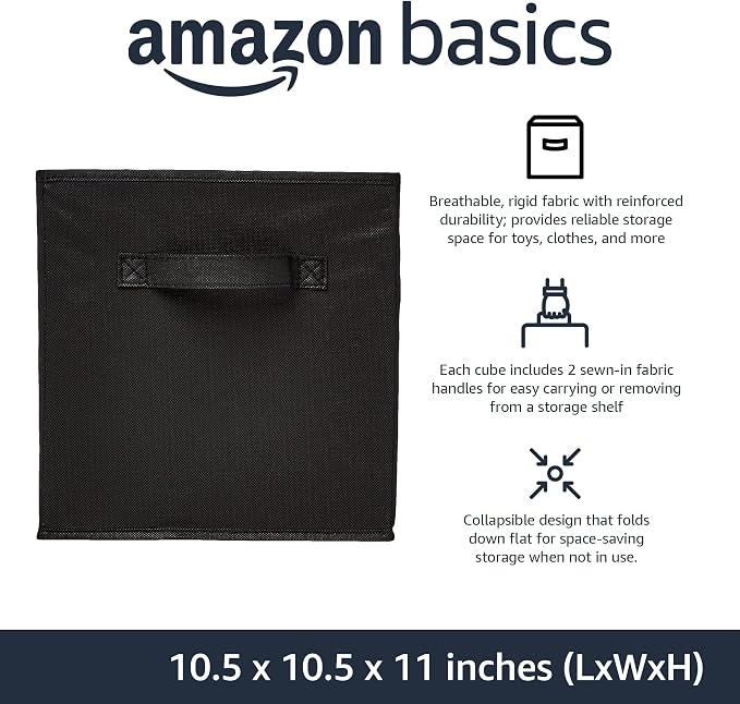 Amazon Basics Collapsible Fabric Storage Bins Organizer with Handles, Sturdy, Foldable, 10.5" x 10.5" x 11", Black, 6-Pack - Image 2