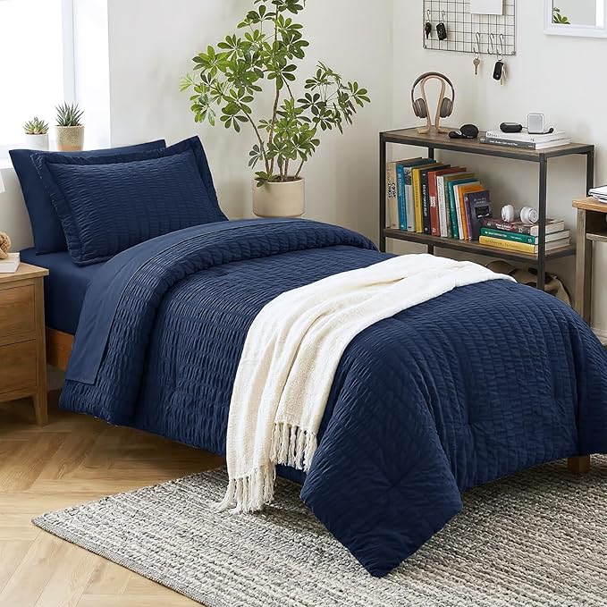 CozyLux Twin Comforter Set with Sheets 5 Pieces, Navy Blue Seersucker Textured Bed in a Bag, Luxury Soft Bedding Sets with Down Alternative Comforter, Sheets, Pillowcase & Sham for All Seasons