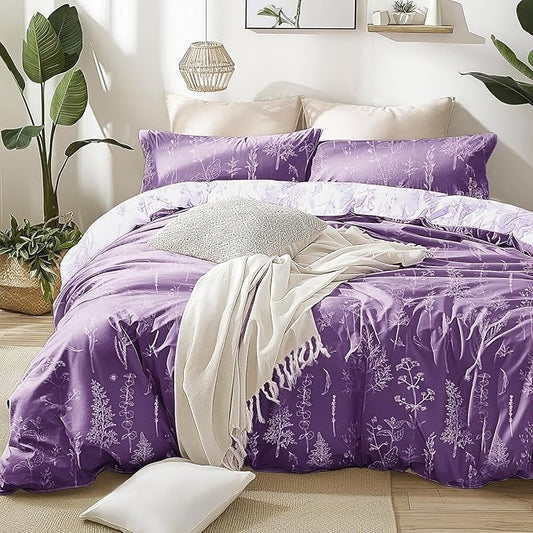 Love's cabin Dark Purple Comforter Set King - King Size Comforter Set, 3 Pieces Cute Floral Bedding Sets for All Seasons,1 Soft Reversible Botanical Flowers Comforter and 2 Pillow Shams