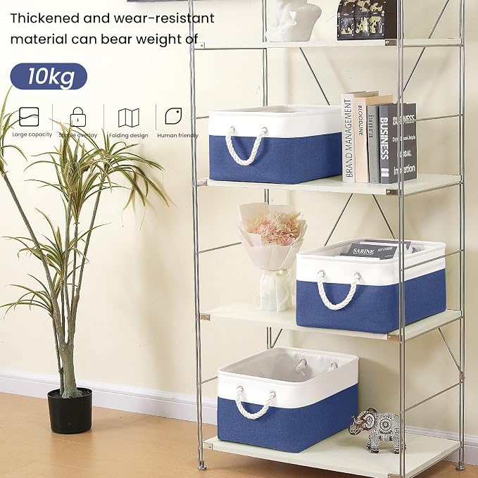 Large Storage Baskets- 15.7x11.8x8.26 inch Storage Bins for Shelves and Closet Organizing, Foldable Fabric Bin for Home Organization Clothes and Laundry (1-Pack, White&Blue) - Image 3