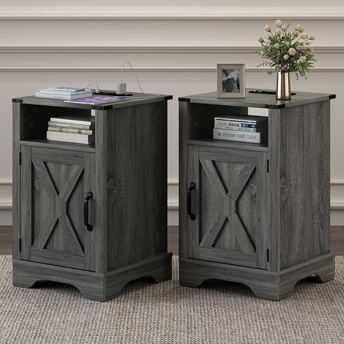 RoyalCraft 25" Tall Nightstands Set of 2, Farmhouse Nightstand with Charging Station, Large End Table with Storage, Wood Grey Bedside Table for Bedroom, Dark Grey