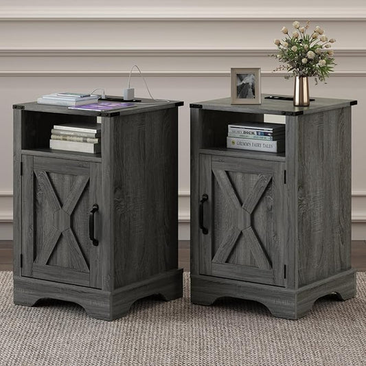 RoyalCraft 25" Tall Nightstands Set of 2, Farmhouse Nightstand with Charging Station, Large End Table with Storage, Wood Grey Bedside Table for Bedroom, Dark Grey