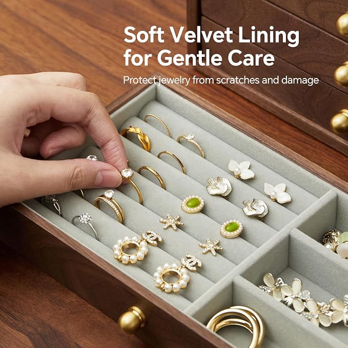 Wooden Jewelry Box for Women Men, Large Velvet Lined Organizer with 4 Drawers, Solid Black Walnut Brass Handles, Jewelry Storage Box for Rings, Necklaces, Earrings - Image 6