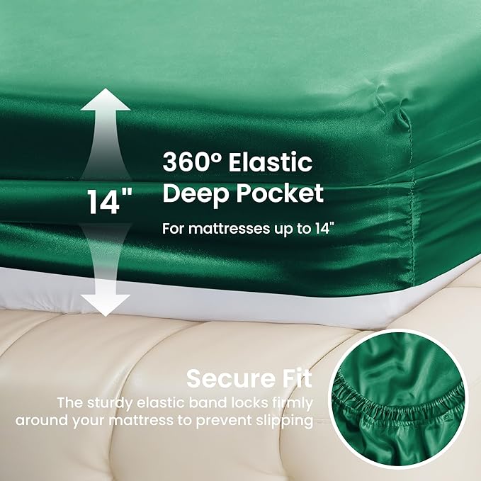Love's cabin Satin Queen Sheets Set - 4 Piece Dark Green Silky Bed Sheets with Deep Pocket, Luxury Silk Feel Satin Queen Size Sheet Set (1 Flat Sheet,1 Fitted Sheet,2 Pillow Cases)