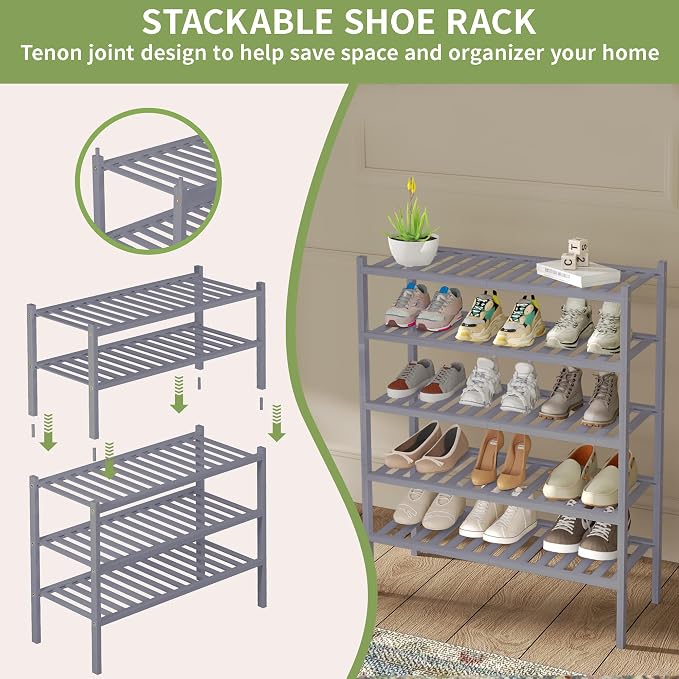 ROMGUAR CRAFT 2 Tier Bamboo Shoe Rack for Closet Free Standing Wood Shoe Shelf for Entryway Small Space Stackable 27"x11"x13" (Grey) - Image 5