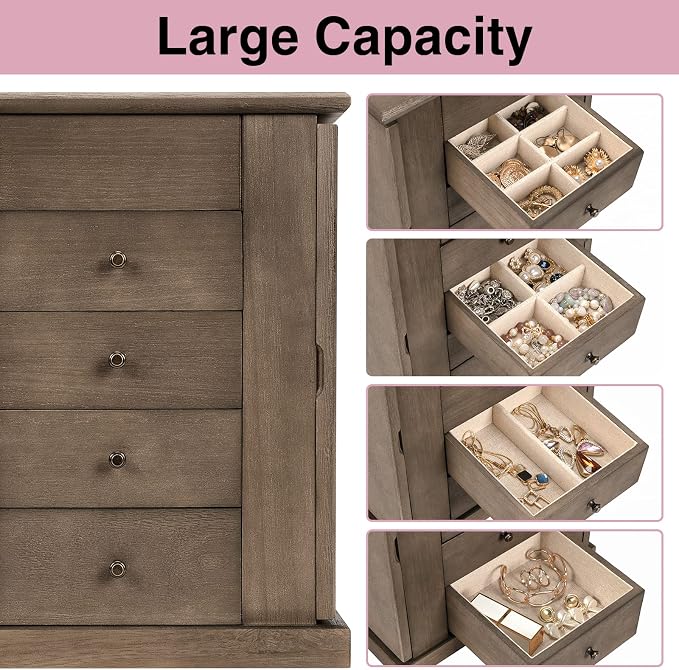 Emfogo Jewelry Box for Women, 5 Layer Large Wood Jewelry Boxes & Organizers for Necklaces Earrings Rings Bracelets, Rustic Jewelry Organizer Box with Drawers and Mirror(Weathered Gray) - Image 6