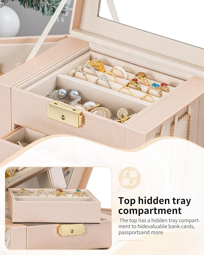 AKOZLIN 5-Tier Jewelry Box Leather Jewelry Storage Organizer with 4 Drawers Lockable for Women Girls Ring Necklace Earring Bracelet Watches Holder with Mirror Champagne - Image 4