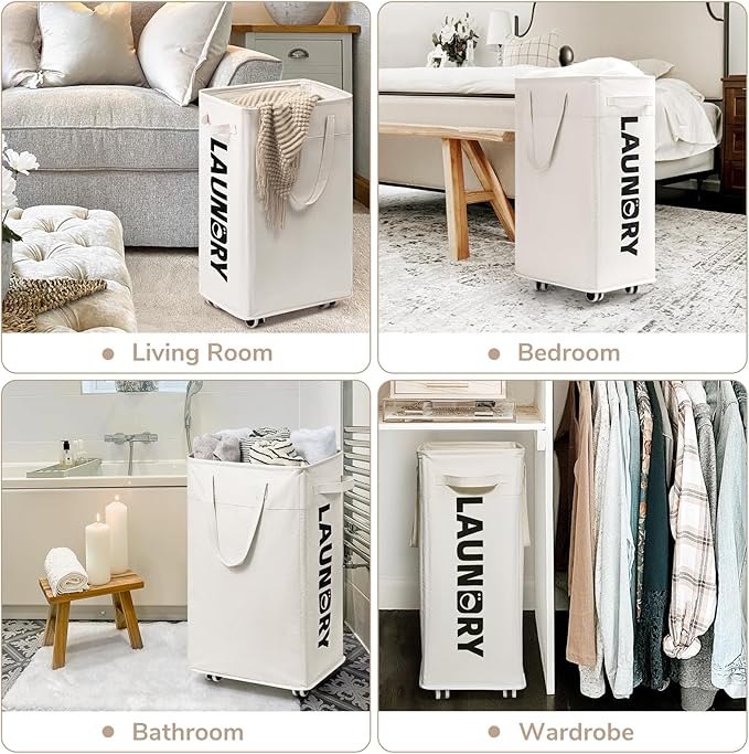 CHICVITA Collapsible Laundry Hamper on Wheels, 75L Clothes Laundry Basket with Removable Wash Bag for Dorms, Clothes Hamper with Handles, White - Image 5