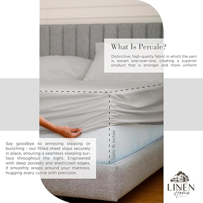 Linen Home 100% Cotton Percale Sheets Twin Size, Silver, Deep Pocket, 3 Pieces Set - 1 Flat, 1 Deep Pocket Fitted Sheet and 1 Pillowcase, Crisp Cool and Strong Bed Linen