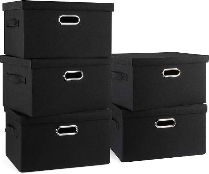 Graciadeco Medium 15" 21 Quart Collapsible Stackable Storage Bins with Lids, 5 Packs Black Foldable Fabric Closet Storage Boxes with Lids, Lidded Heavy-duty Linen Baskets(15x11x8) by GraciadecoStorage