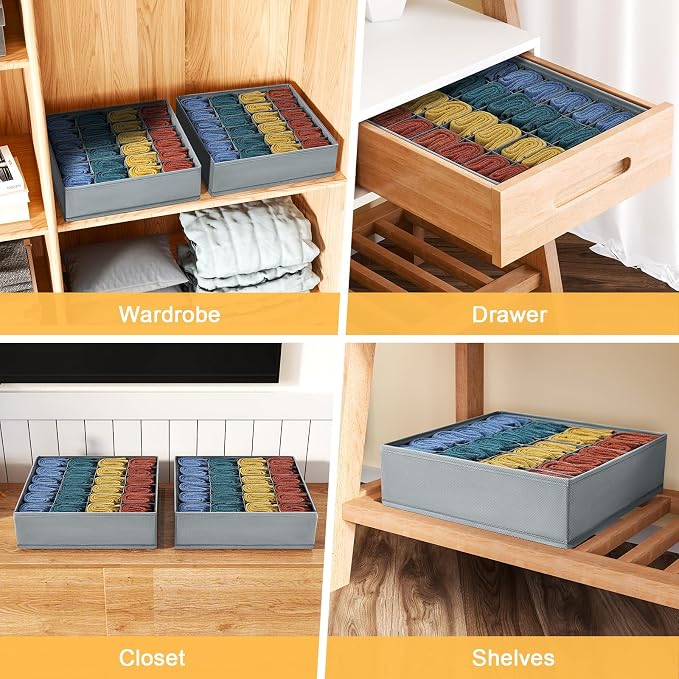 Joyoldelf Sock Drawer Organizer Divider Underwear Organizer 24-cell Fabric Dresser Drawer Organizers Storage Boxes for Socks Lingerie, Handkerchiefs, Ties 4 Pack (Grey) - Image 6