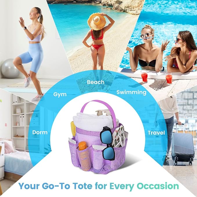Camping Essentials Shower Caddy Portable for College Dorm Room Essentials for Girls with 9 Pockets,Large-Capacity Shower Caddy Dorm Basket,Quick Dry Shower Bag for Gym,Travel,Swim,Beach-Purple - Image 6