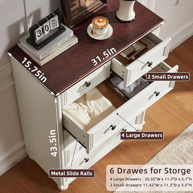 RWYHG Farmhouse 6 Drawer Dresser, Chest of Drawers for Bedroom, 43.5" Tall Wood White Kids Dresser with Roman Column and Metal Handles, Storage Dressers Organizer for Living Room, Hallway, Closet