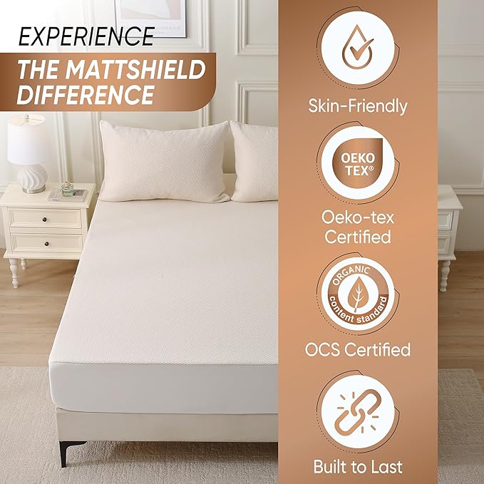 Deluxe Cooling Organic Percale Mattress Protector King Size - 100% Waterproof - Crisp, Breathable Percale Feel - OCS Certified 280GSM 3D Air-Knit Breathable Mattress Pad - Noiseless Deep Pocket