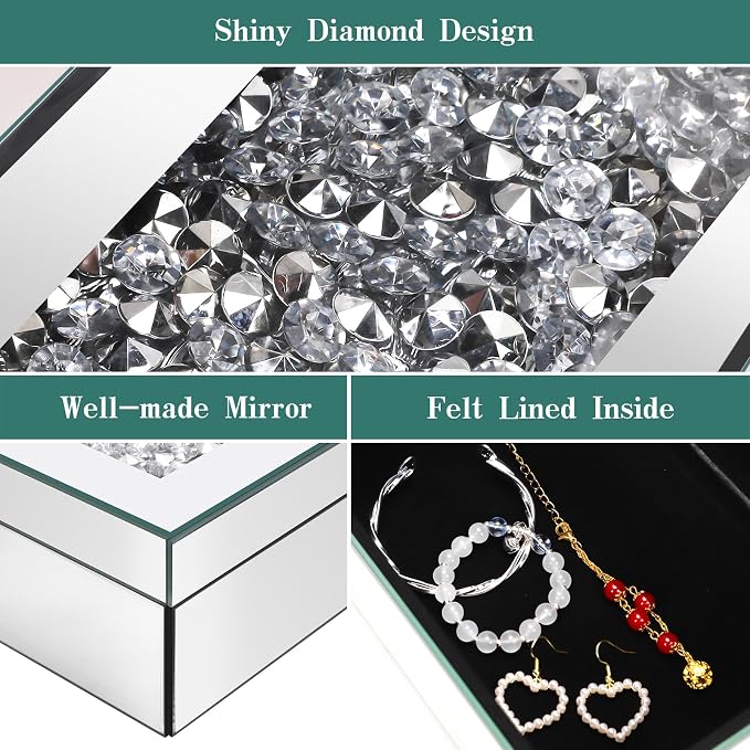 Luxury Mirrored Jewelry Box with Crushed Diamond - Glass Jewelry Box Organizer Storage for Women, Ring Holder Case for Dresser and Decorative - Image 2