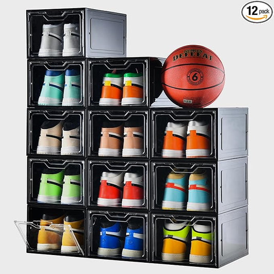 12 Pack Shoe Boxes Organizer, Magnetic Door Shoe Storage Boxes, Clear Sneaker Storage Box for Women/Men, Fit up to US Size 12 by Stebopum