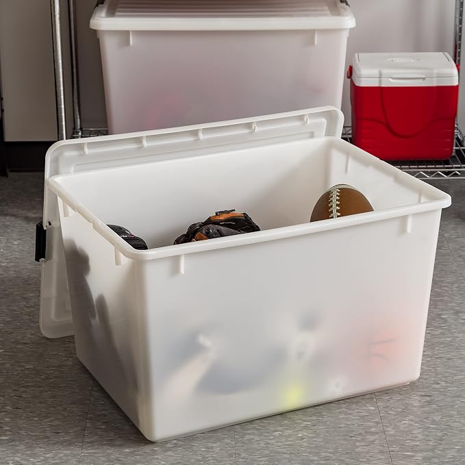 IRIS USA 144 Qt Stackable Plastic Storage Bins with Lids, 3 Pack - BPA-Free, Discreet Organizing Solution, Latches, Durable Nestable Containers, Secure Pull Handle, Made in USA - Pearl - Image 5