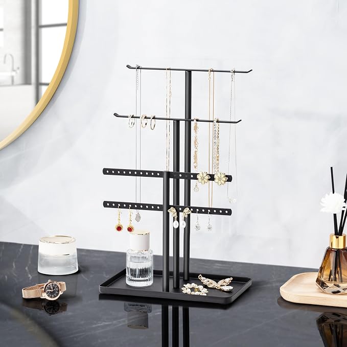 pickpiff Jewelry Stand Organizer, 12.5" Tall Sturdy Metal, 3-Tier Jewelry Holder for Necklace, Earring, Bracelet, Ring, Hanger for Display and Storage, Aesthetic Room Decor, Black - Image 7