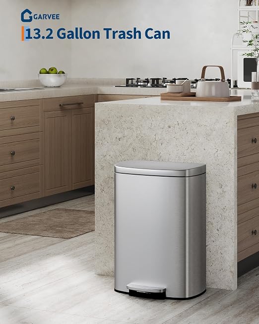 Garvee 13 gal / 50 L Stainless Steel Kitchen Trash Can with Lid, Large Rustproof Garbage Can for Kitchen, Step-on Metal Trash Bin with Inner Bucket, Rear Handle, Soft Close Lid, Silver - Image 6
