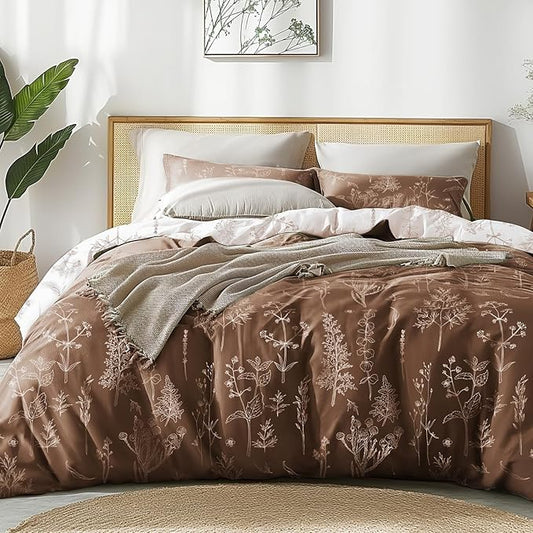 Love's cabin Chocolate Twin Comforter Set - Twin XL Size Comforter Set Dorm Bedding, 2 Pieces Cute Floral Bedding, Reversible Flowers Comforter, 1 Comforter & 1 Pillow Sham